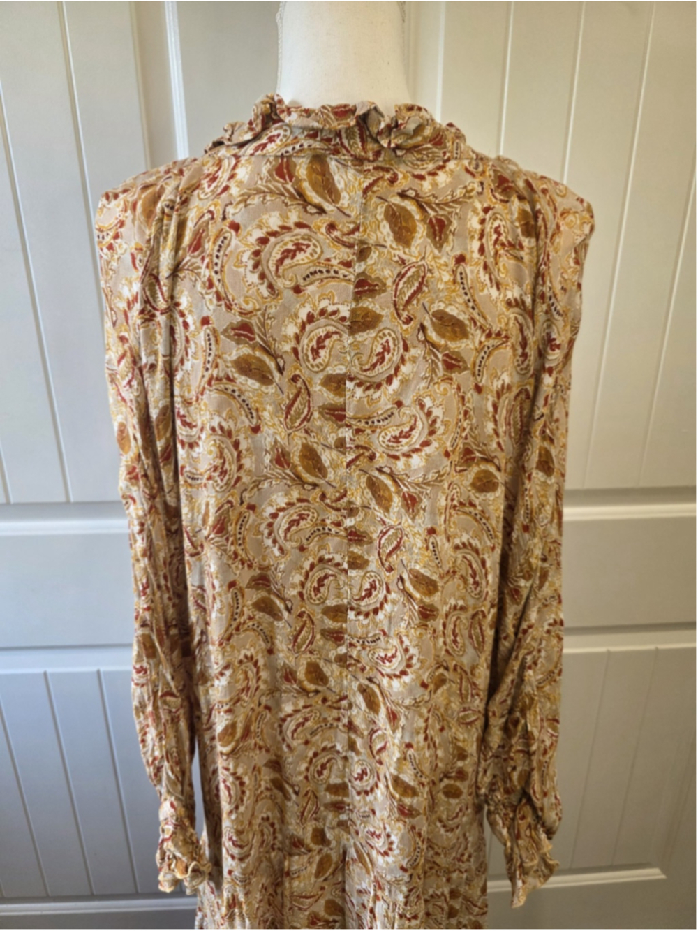 Aura Paisley Boho Maxi Dress Size M Ruffle Neck Tassel Tie Long Sleeve Boho - Picture 6 of 10